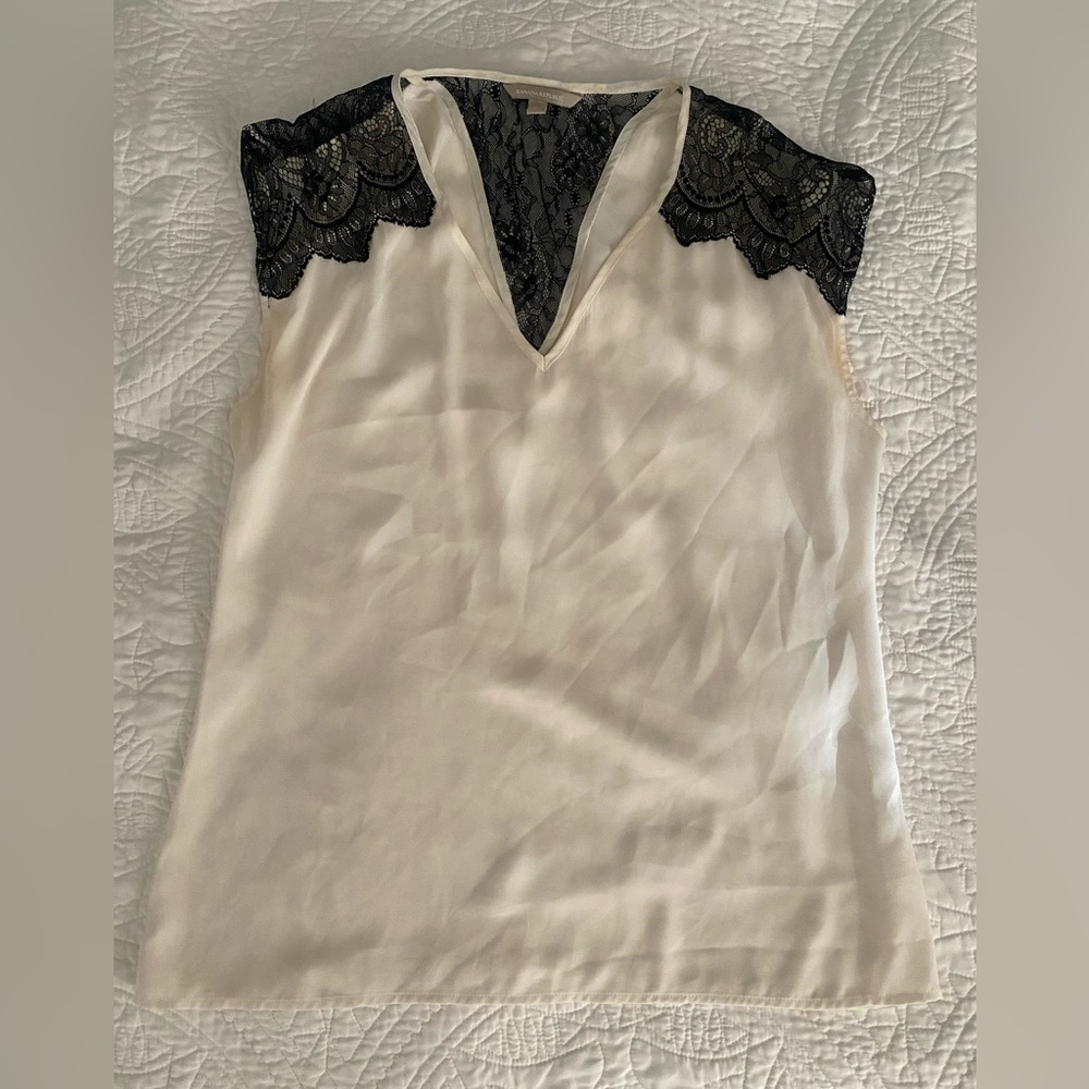 Banana Republic white satiny tank with black lace, size M